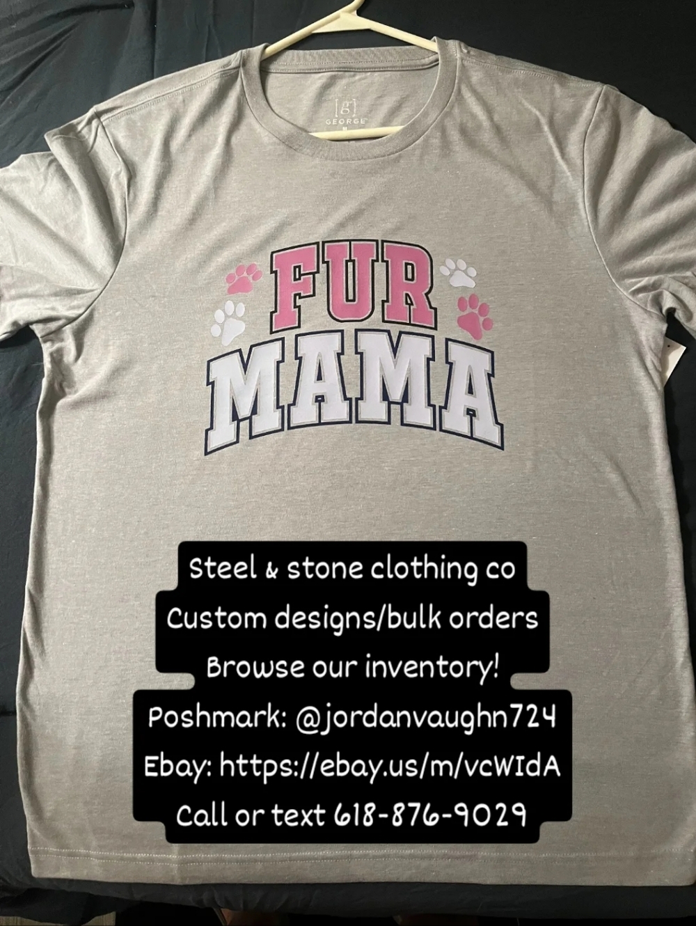 Fur Mama Graphic Tee - Light Gray with Pink & White Print Size Medium